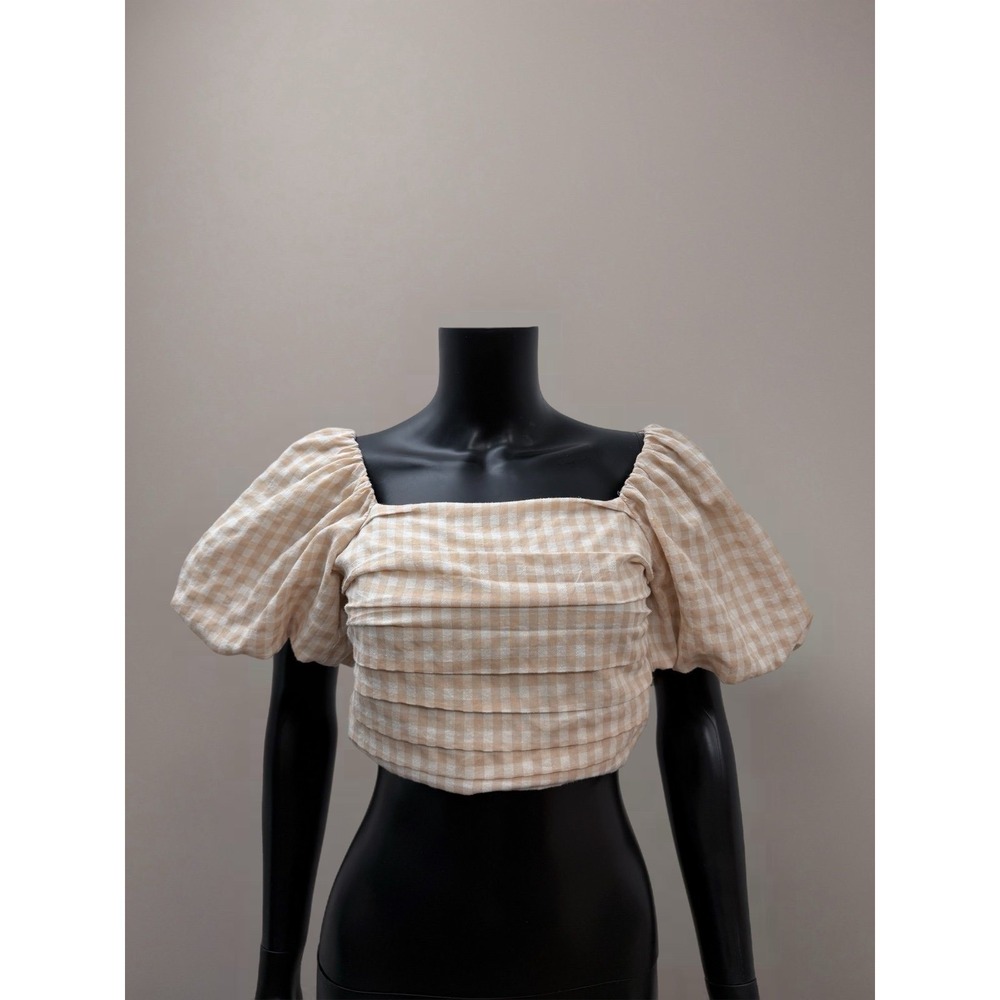 Mimosa Beige Gingham Puff Sleeve Crop Top Smocked Back Size Small